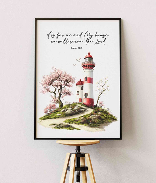 Bible Art Print Lighthouse , As For Me and My House, Joshua 24-15, Scripture Wall Art