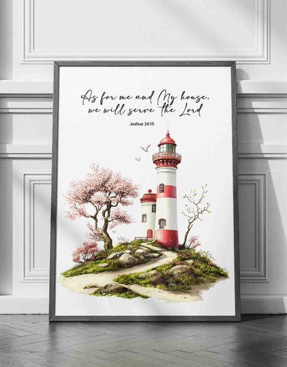 Bible Art Print Lighthouse , As For Me and My House, Joshua 24-15, Scripture Wall Art