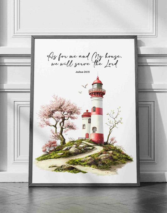 Bible Art Print Lighthouse , As For Me and My House, Joshua 24-15, Scripture Wall Art