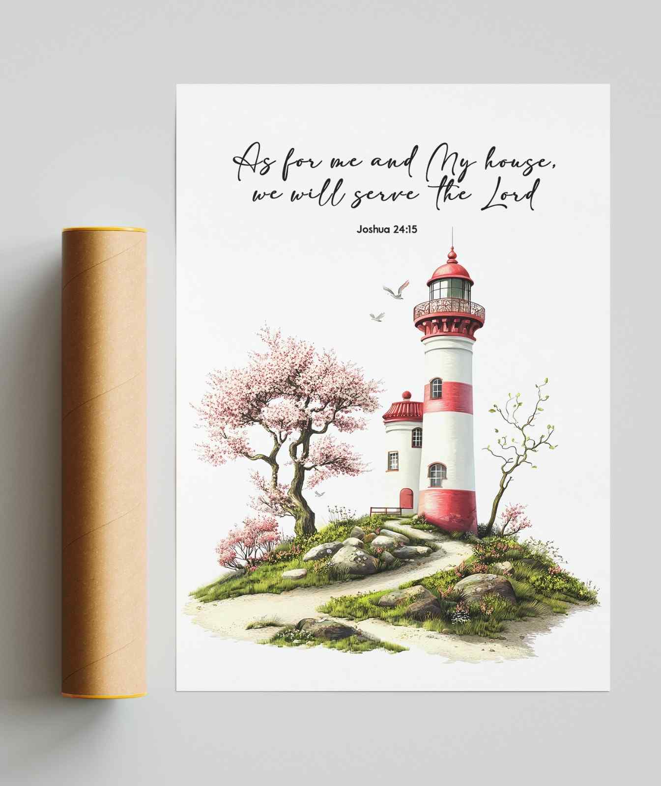Bible Art Print Lighthouse , As For Me and My House, Joshua 24-15, Scripture Wall Art