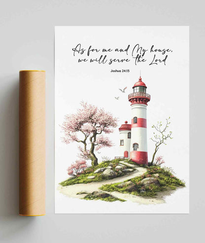 Bible Art Print Lighthouse , As For Me and My House, Joshua 24-15, Scripture Wall Art