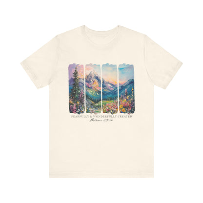 Wonderfully Tee - Peaceful Mountain Scene, Unisex T-Shirt, Nature Lover Apparel, Psalm 1:3 Inspired