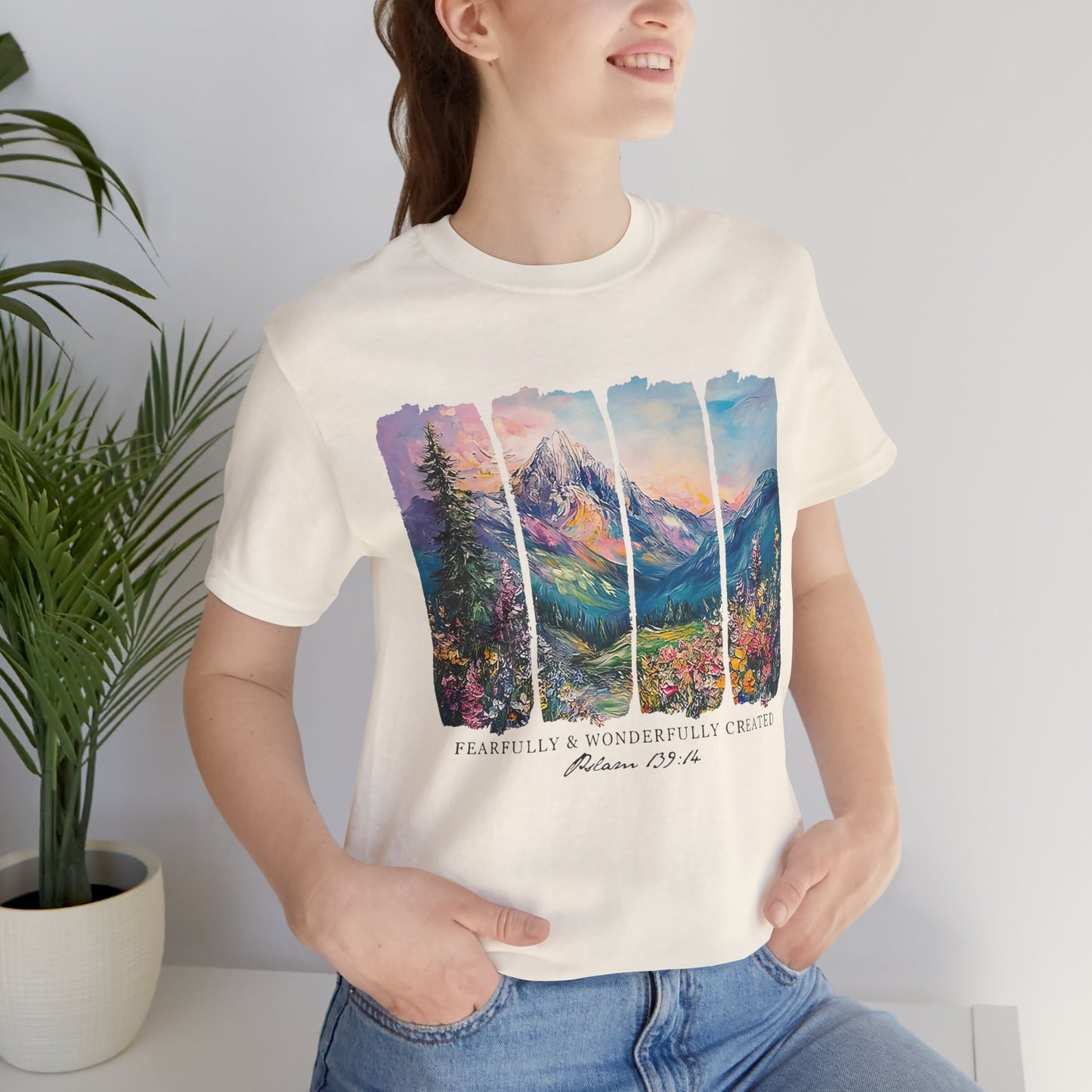 Wonderfully Tee - Peaceful Mountain Scene, Unisex T-Shirt, Nature Lover Apparel, Psalm 1:3 Inspired