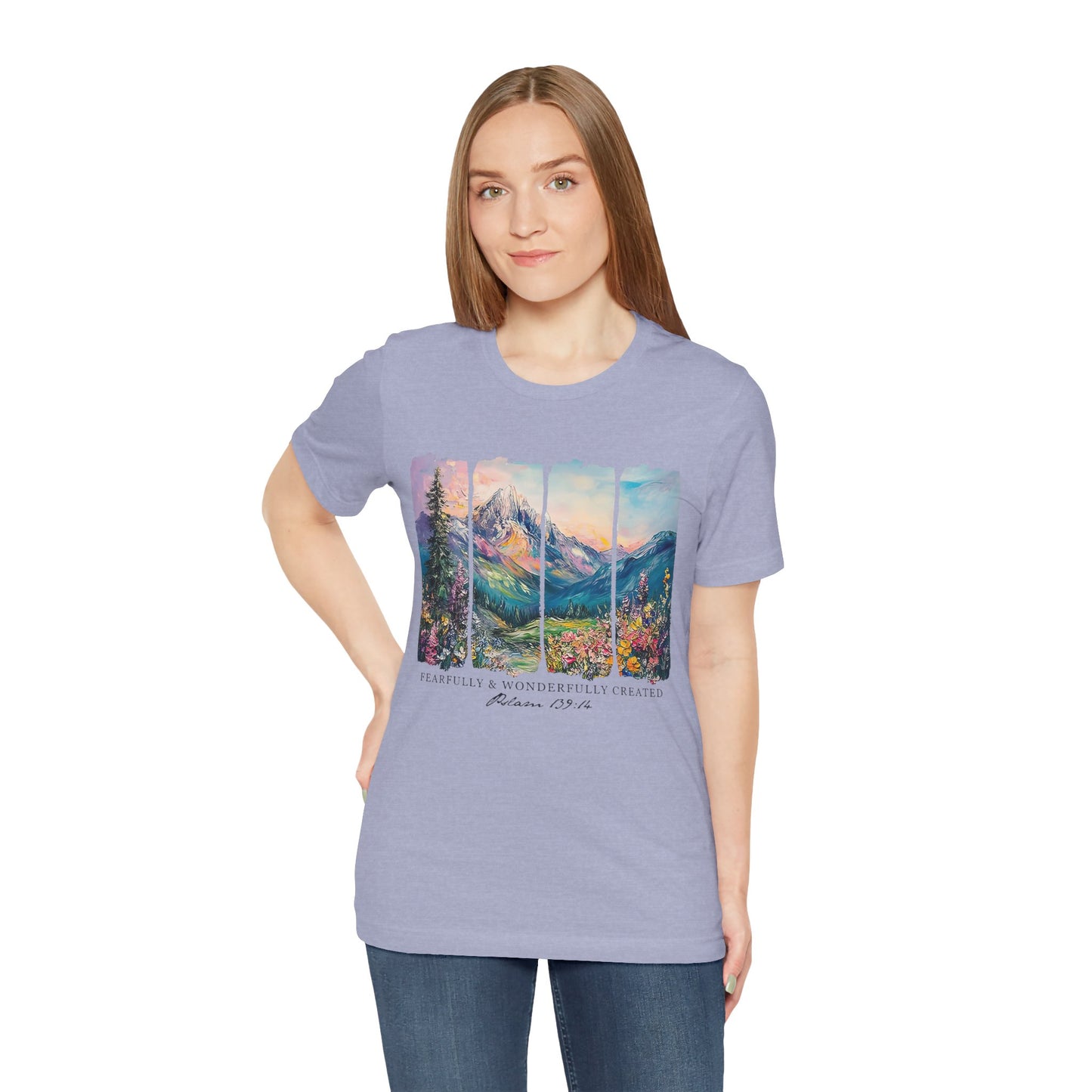 Wonderfully Tee - Peaceful Mountain Scene, Unisex T-Shirt, Nature Lover Apparel, Psalm 1:3 Inspired