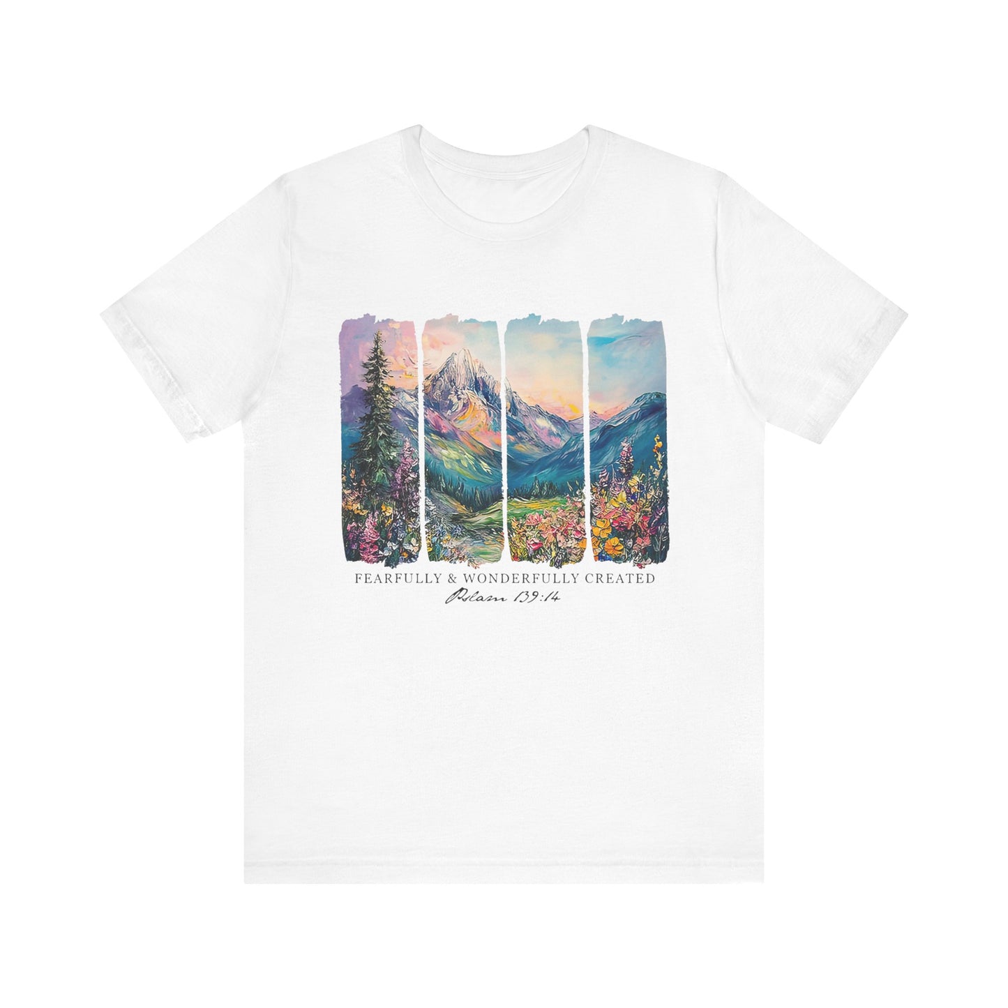 Wonderfully Tee - Peaceful Mountain Scene, Unisex T-Shirt, Nature Lover Apparel, Psalm 1:3 Inspired