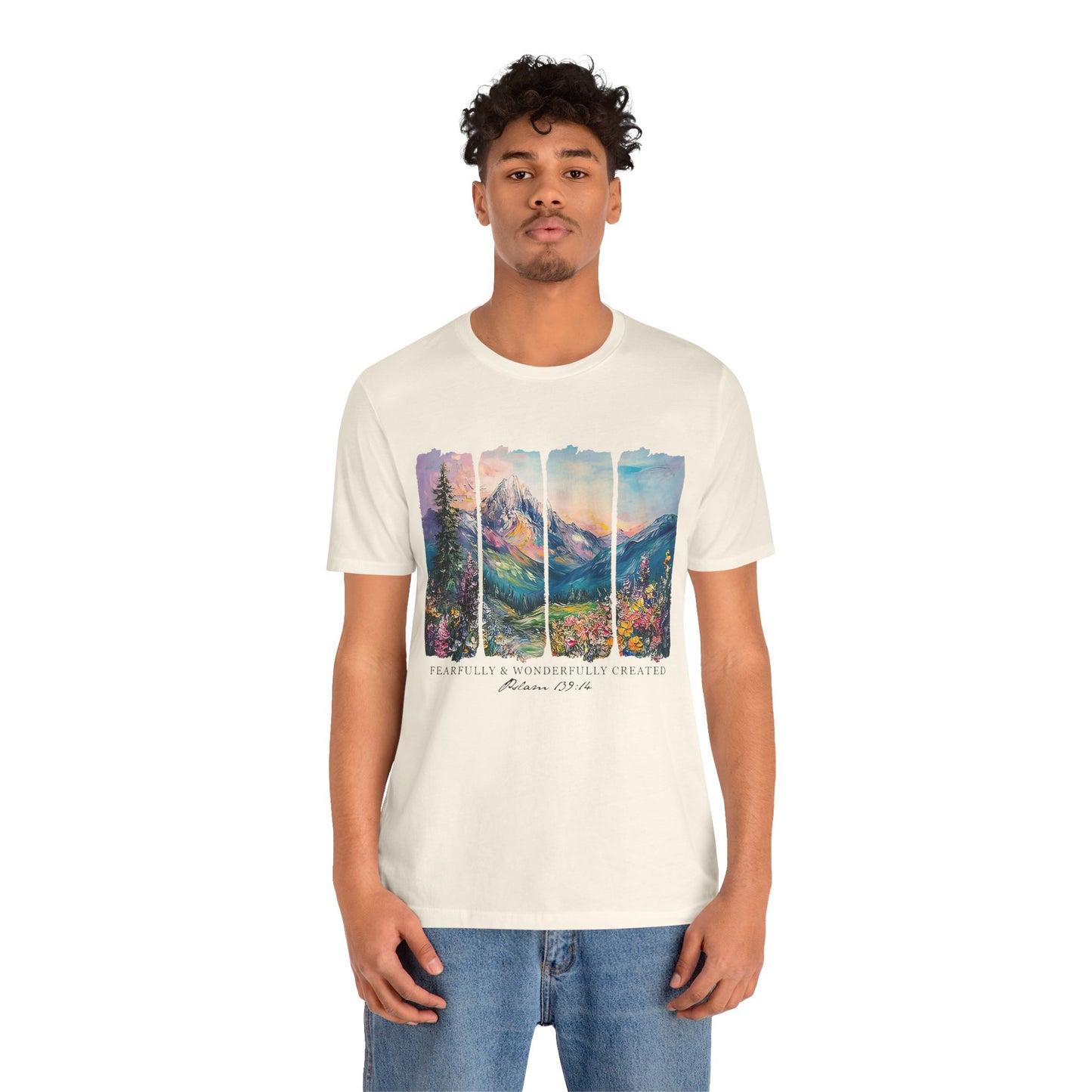 Wonderfully Tee - Peaceful Mountain Scene, Unisex T-Shirt, Nature Lover Apparel, Psalm 1:3 Inspired