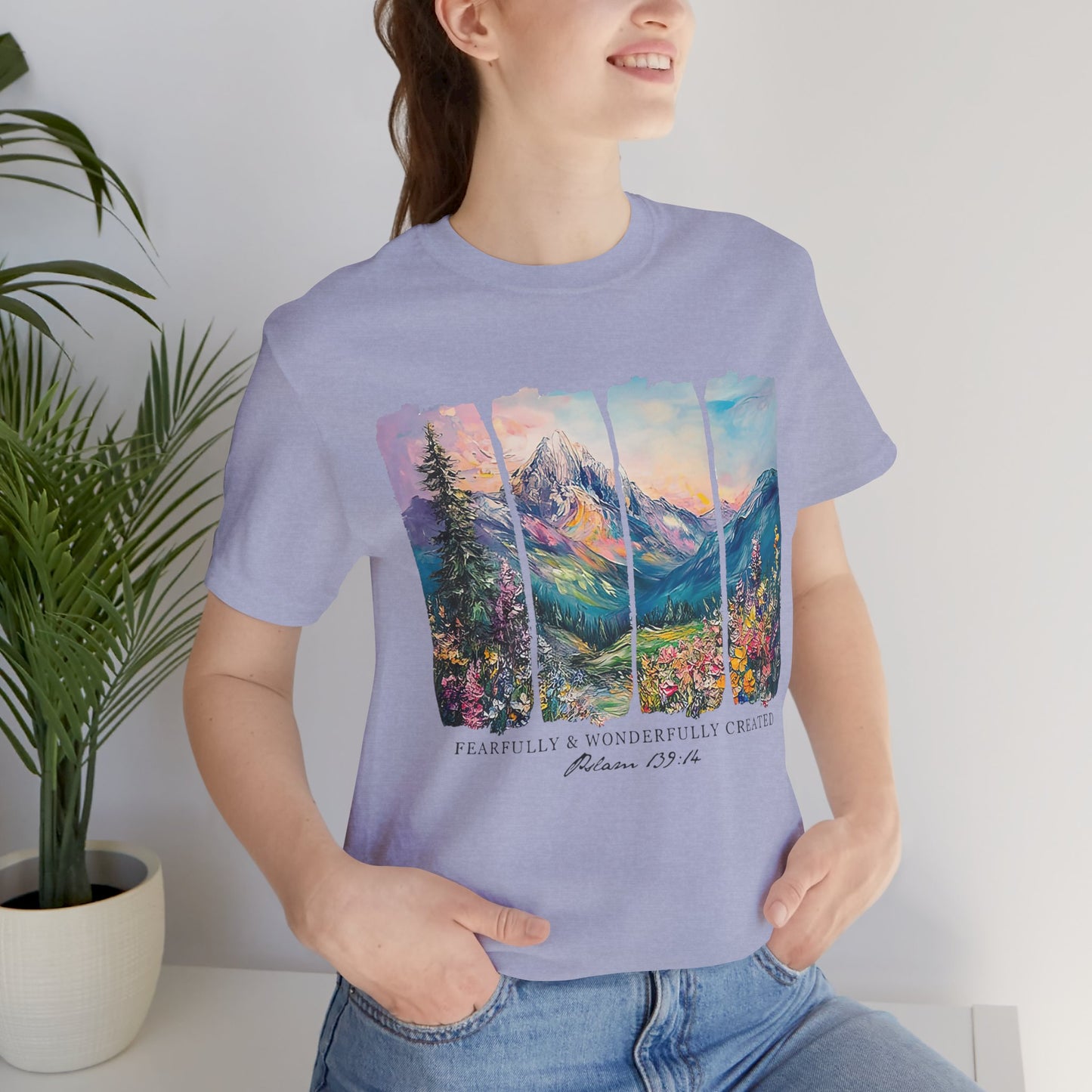 Wonderfully Tee - Peaceful Mountain Scene, Unisex T-Shirt, Nature Lover Apparel, Psalm 1:3 Inspired