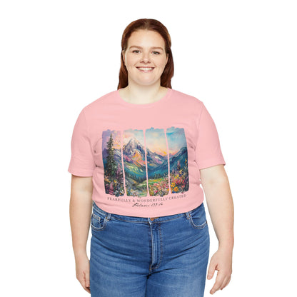 Wonderfully Tee - Peaceful Mountain Scene, Unisex T-Shirt, Nature Lover Apparel, Psalm 1:3 Inspired