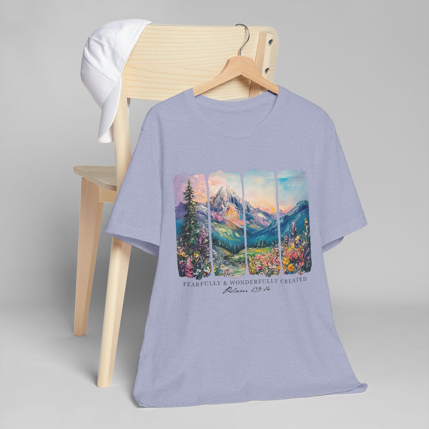 Wonderfully Tee - Peaceful Mountain Scene, Unisex T-Shirt, Nature Lover Apparel, Psalm 1:3 Inspired