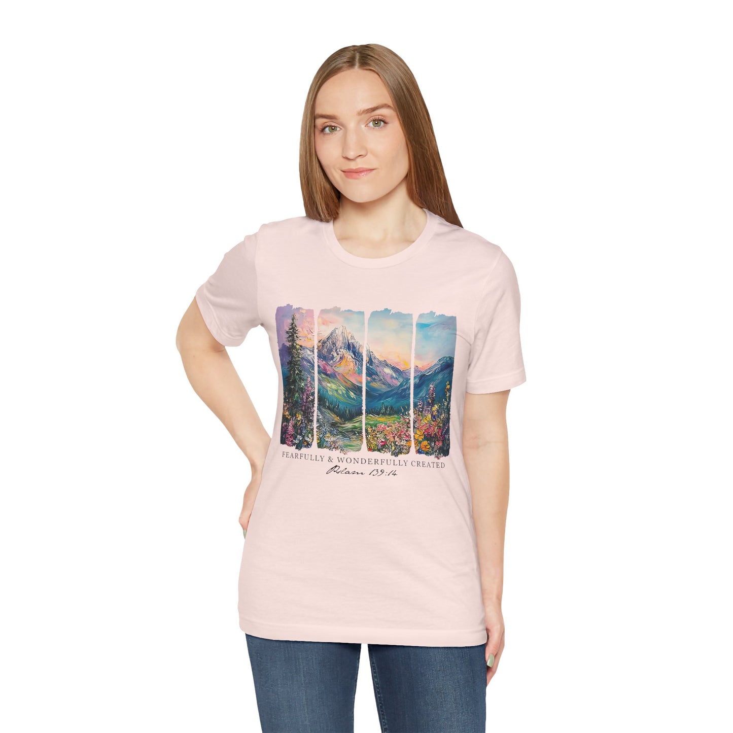 Wonderfully Tee - Peaceful Mountain Scene, Unisex T-Shirt, Nature Lover Apparel, Psalm 1:3 Inspired