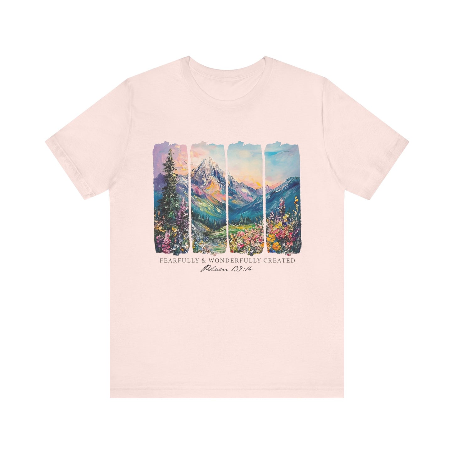 Wonderfully Tee - Peaceful Mountain Scene, Unisex T-Shirt, Nature Lover Apparel, Psalm 1:3 Inspired