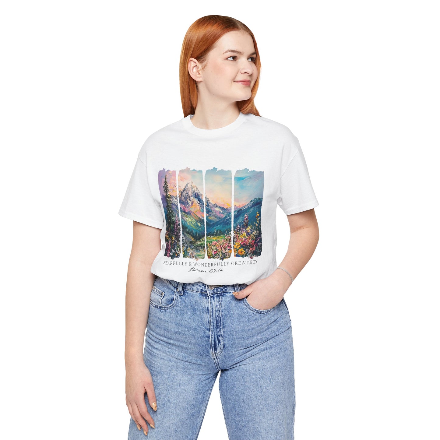 Wonderfully Tee - Peaceful Mountain Scene, Unisex T-Shirt, Nature Lover Apparel, Psalm 1:3 Inspired