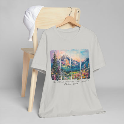 Wonderfully Tee - Peaceful Mountain Scene, Unisex T-Shirt, Nature Lover Apparel, Psalm 1:3 Inspired