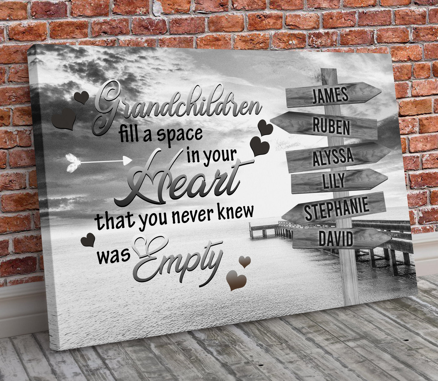 Grandchildren Fill a Space - 15 Names Boardwalk Canvas Print | Personalized Framed Canvas Art | Grey