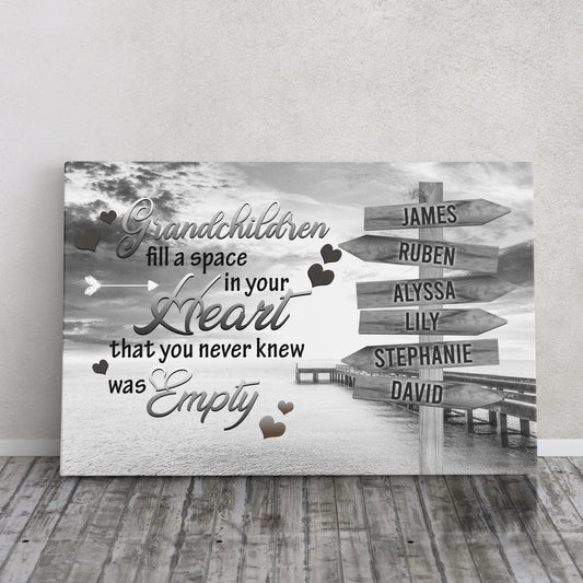 Grandchildren Fill a Space - 15 Names Boardwalk Canvas Print | Personalized Framed Canvas Art | Grey