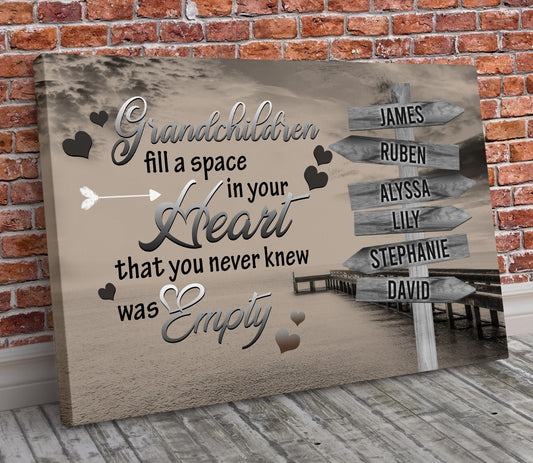 Grandchildren Fill a Space - 15 Names Boardwalk Canvas Print | Personalized Framed Canvas Art | Brown
