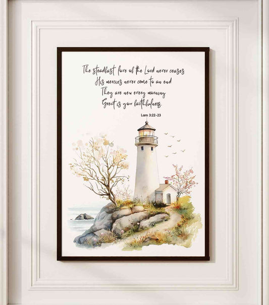 Bible Art Print Lighthouse Scripture, Lamentations 3, Steadfast Love Of Lord, Scripture Wall Art