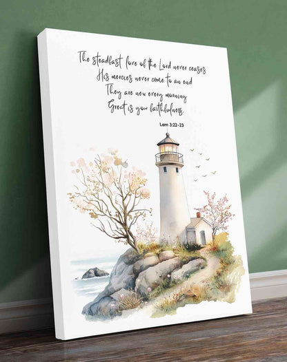 Bible Art Print Lighthouse Scripture, Lamentations 3, Steadfast Love Of Lord, Scripture Wall Art
