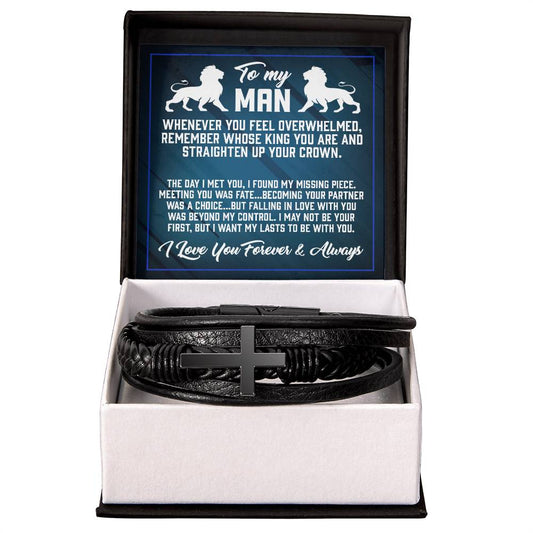 Straighten Up Your Crown - Men's Cross Leather Bracelet