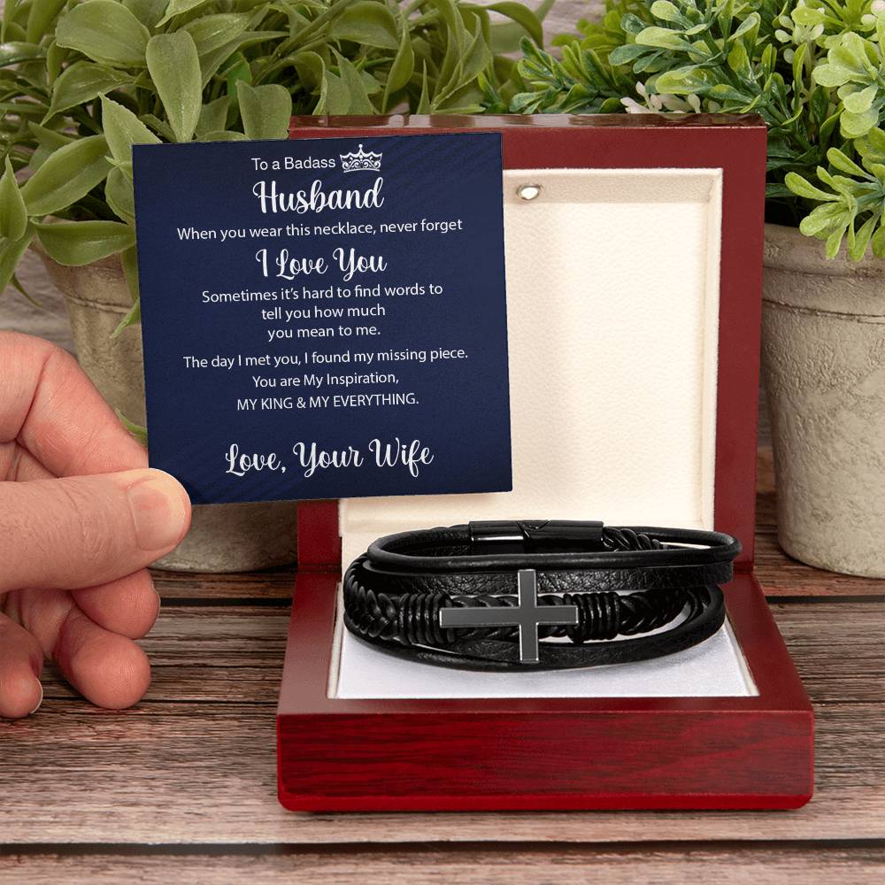 My KING and My Everything Men's Cross Leather Bracelet
