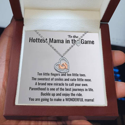 Hottest Mama in the Game - Baby Feet Heart Necklace First Mother's Day