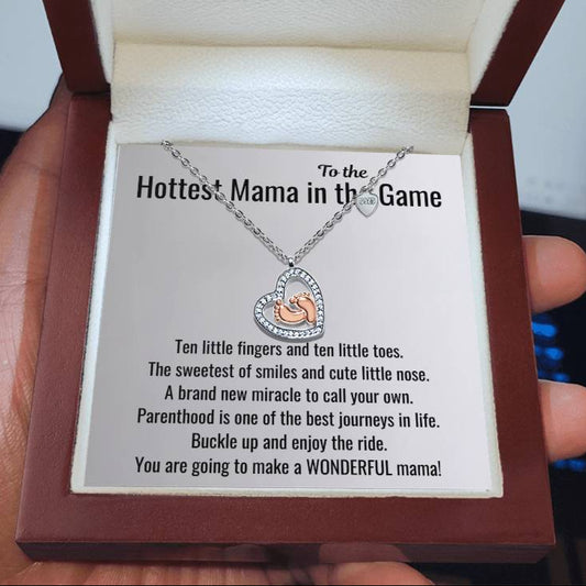 Hottest Mama in the Game - Baby Feet Heart Necklace First Mother's Day