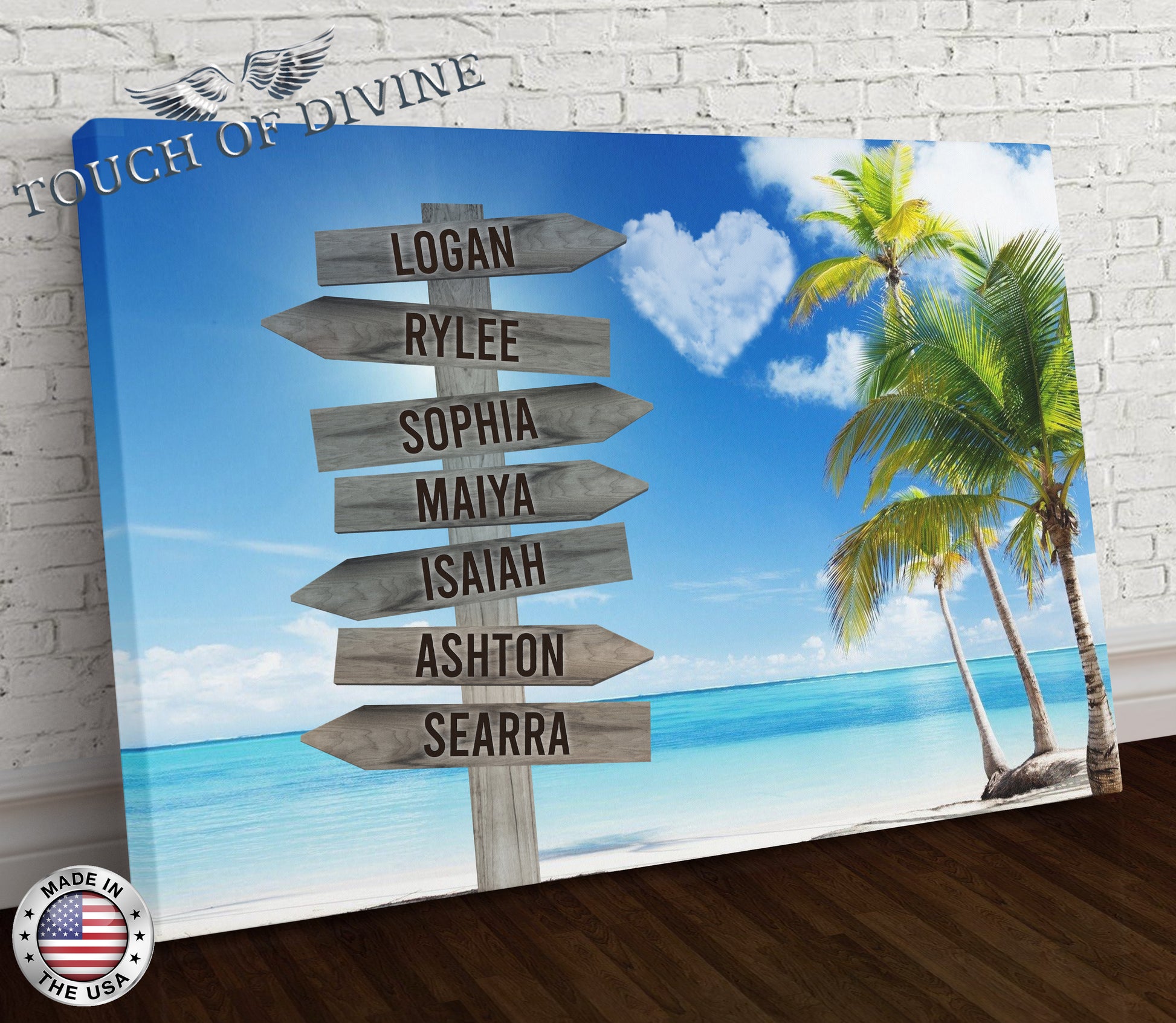 Beach Cloud Heart Family Names Signpost Canvas Print | Personalized Framed Canvas Art - Touch Of Divine