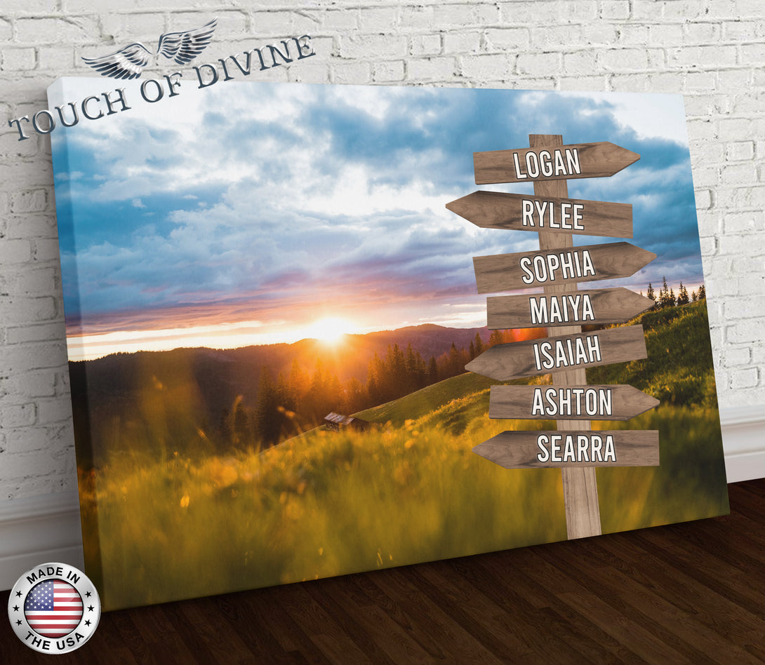 Grassfield and Sunset Family Names Signpost Canvas Print | Personalized Framed Canvas Art - Touch Of Divine