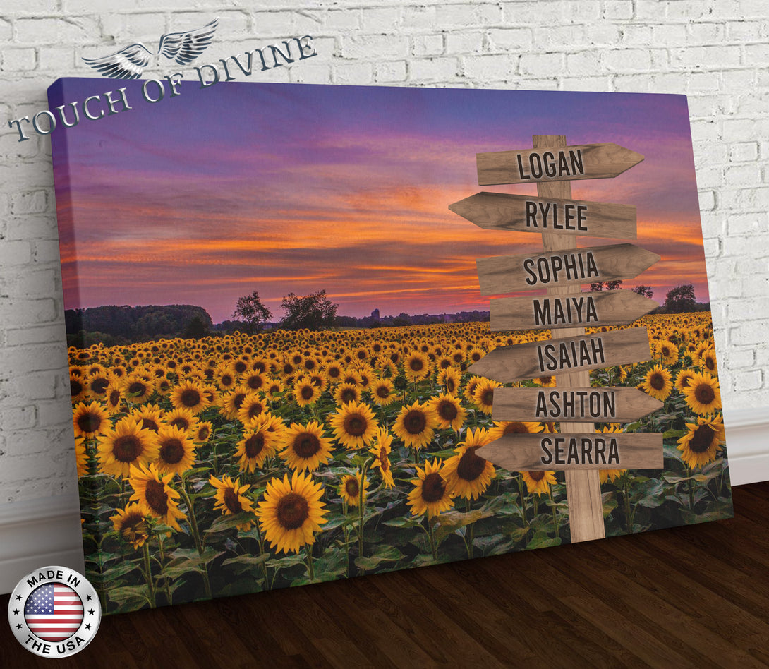 Sunflower Field Family Names Signpost Canvas Print | Personalized Framed Canvas Art - Touch Of Divine