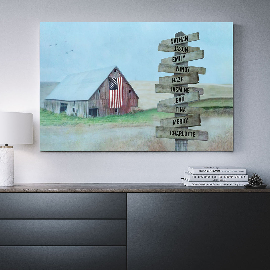 American Flag Barn Family Names Boardwalk Canvas Print | Personalized Framed Canvas Art - Touch Of Divine
