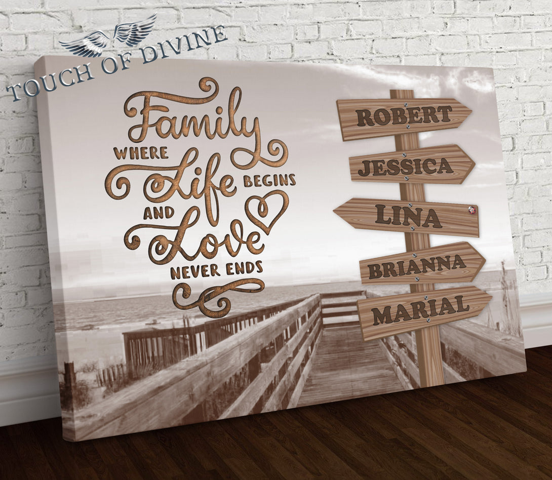 Family where life begins Signpost | Personalized Framed Canvas Art - Touch Of Divine