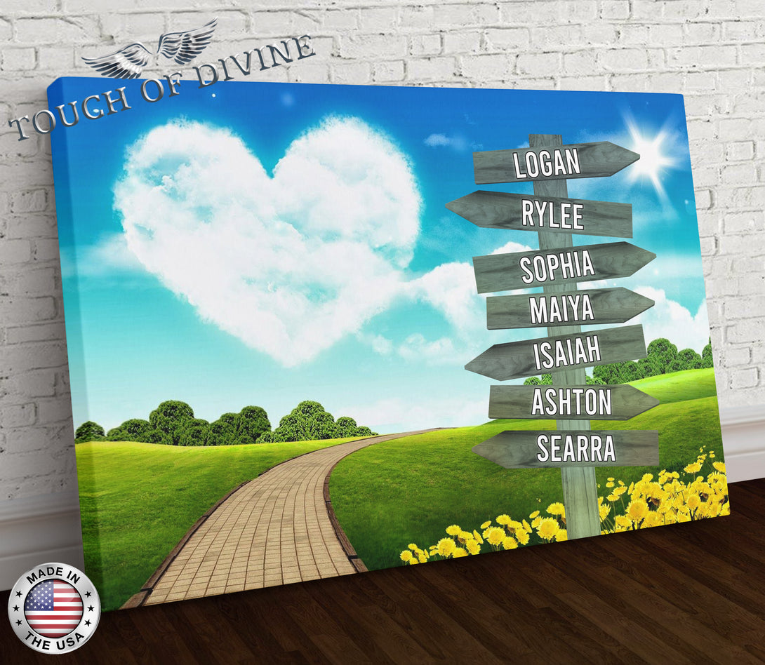 Heart Cloud Pathwalk Family Names Signpost Canvas Print | Personalized Framed Canvas Art - Touch Of Divine