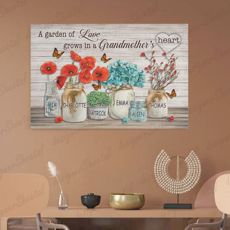 Grandma's Heart 6 Names Canvas Print | Personalized Framed Canvas Art - Touch Of Divine