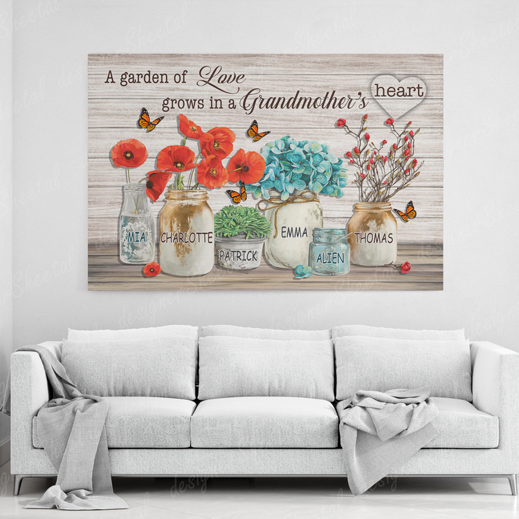 Grandma's Heart 6 Names Canvas Print | Personalized Framed Canvas Art - Touch Of Divine