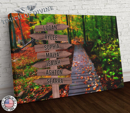 Autumn Forest Family Names Signpost Canvas Print | Personalized Framed Canvas Art - Touch Of Divine