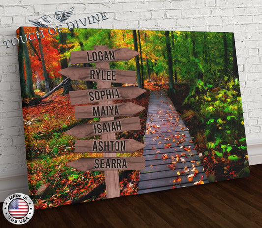 Autumn Forest Family Names Signpost Canvas Print | Personalized Framed Canvas Art - Touch Of Divine