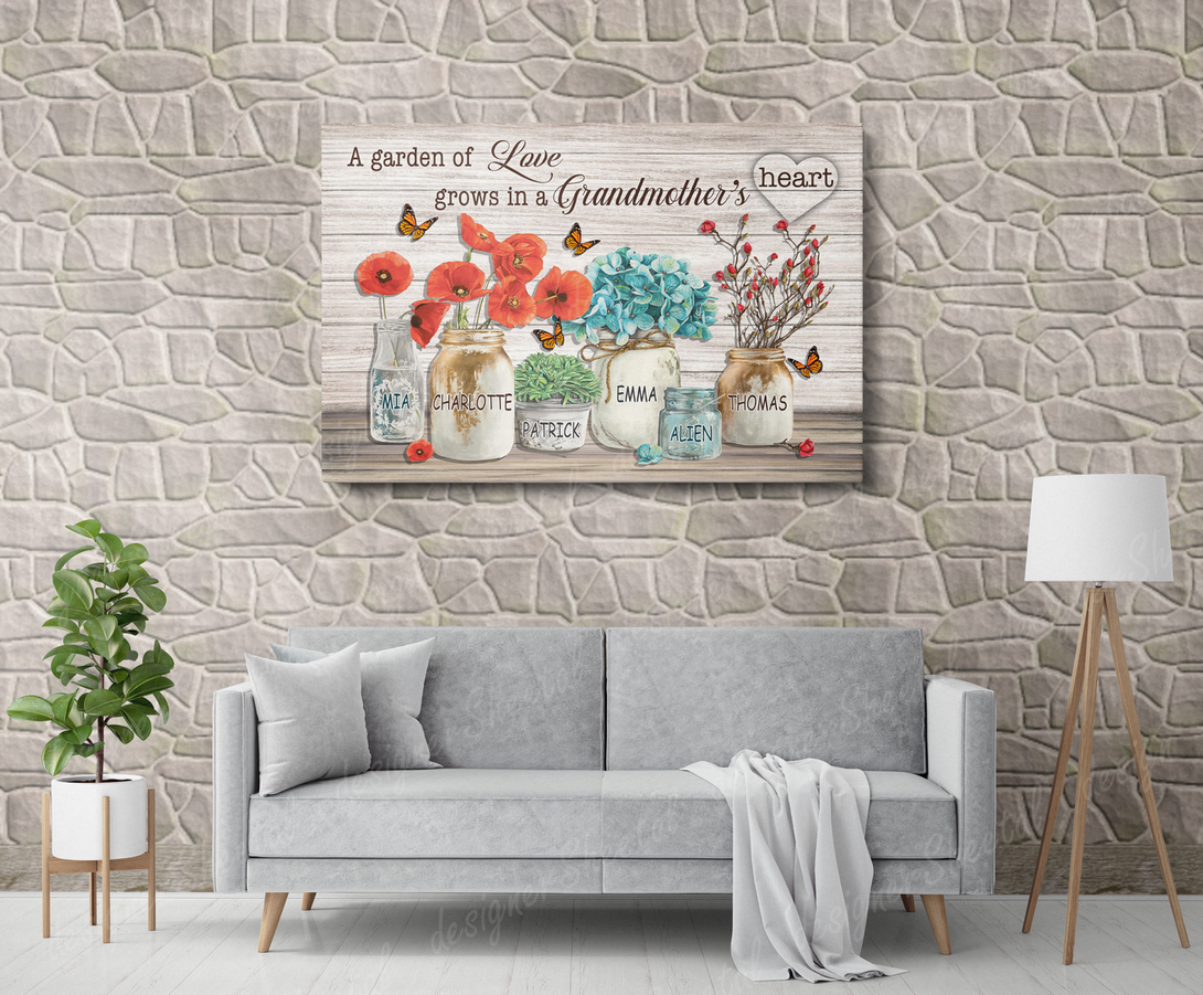Grandma's Heart 6 Names Canvas Print | Personalized Framed Canvas Art - Touch Of Divine