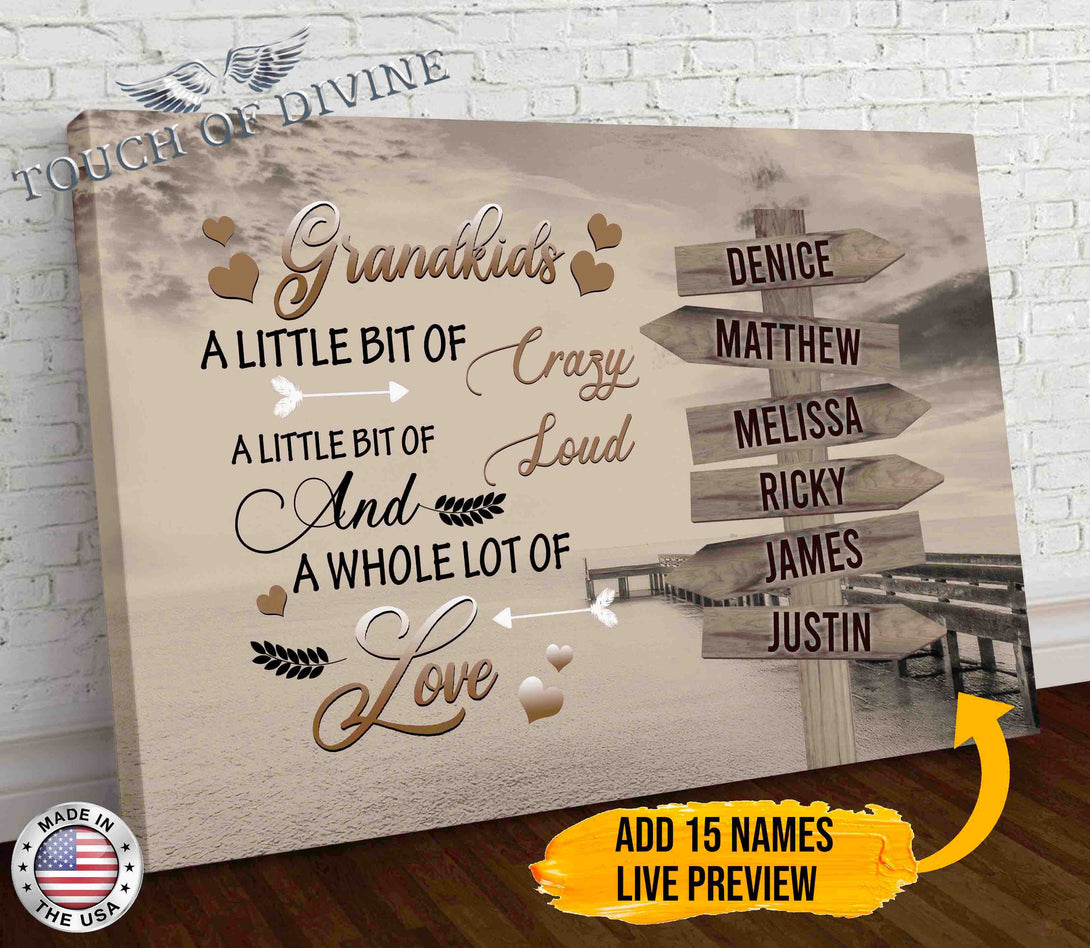Grandkids 15 Names Boardwalk Canvas Print (Brown) | Personalized Framed Canvas Art - Touch Of Divine