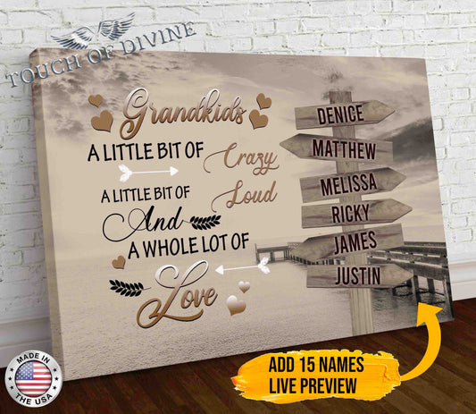 Grandkids 15 Names Boardwalk Canvas Print (Brown) | Personalized Framed Canvas Art - Touch Of Divine