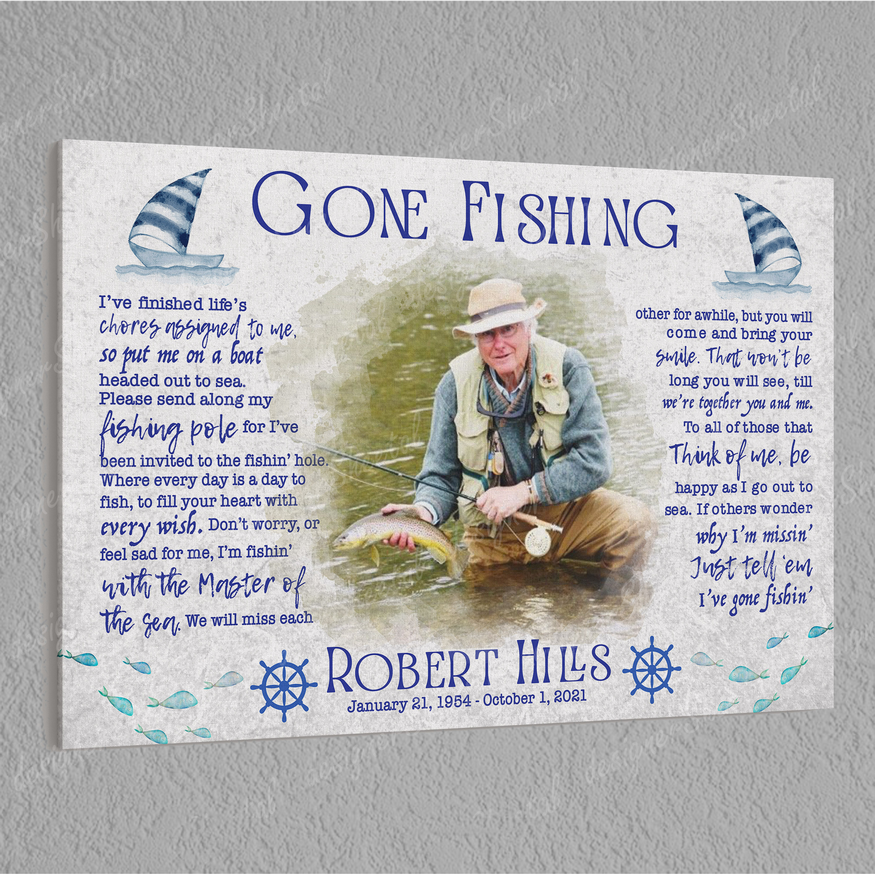Rest in peace, Gone Fishing Poem, Fisherman Photo memorial canvas, Bereavement Gift, heaven canvas Art - Touch Of Divine