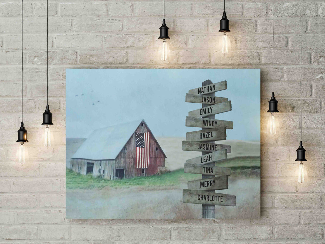 American Flag Barn Family Names Boardwalk Canvas Print | Personalized Framed Canvas Art - Touch Of Divine