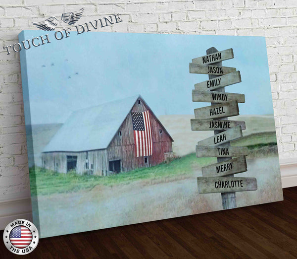 American Flag Barn Family Names Boardwalk Canvas Print | Personalized Framed Canvas Art - Touch Of Divine
