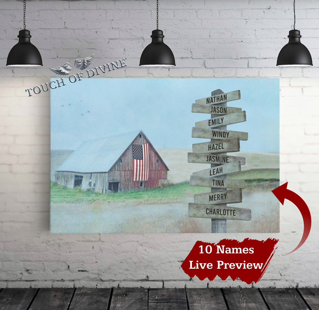 American Flag Barn Family Names Boardwalk Canvas Print | Personalized Framed Canvas Art - Touch Of Divine