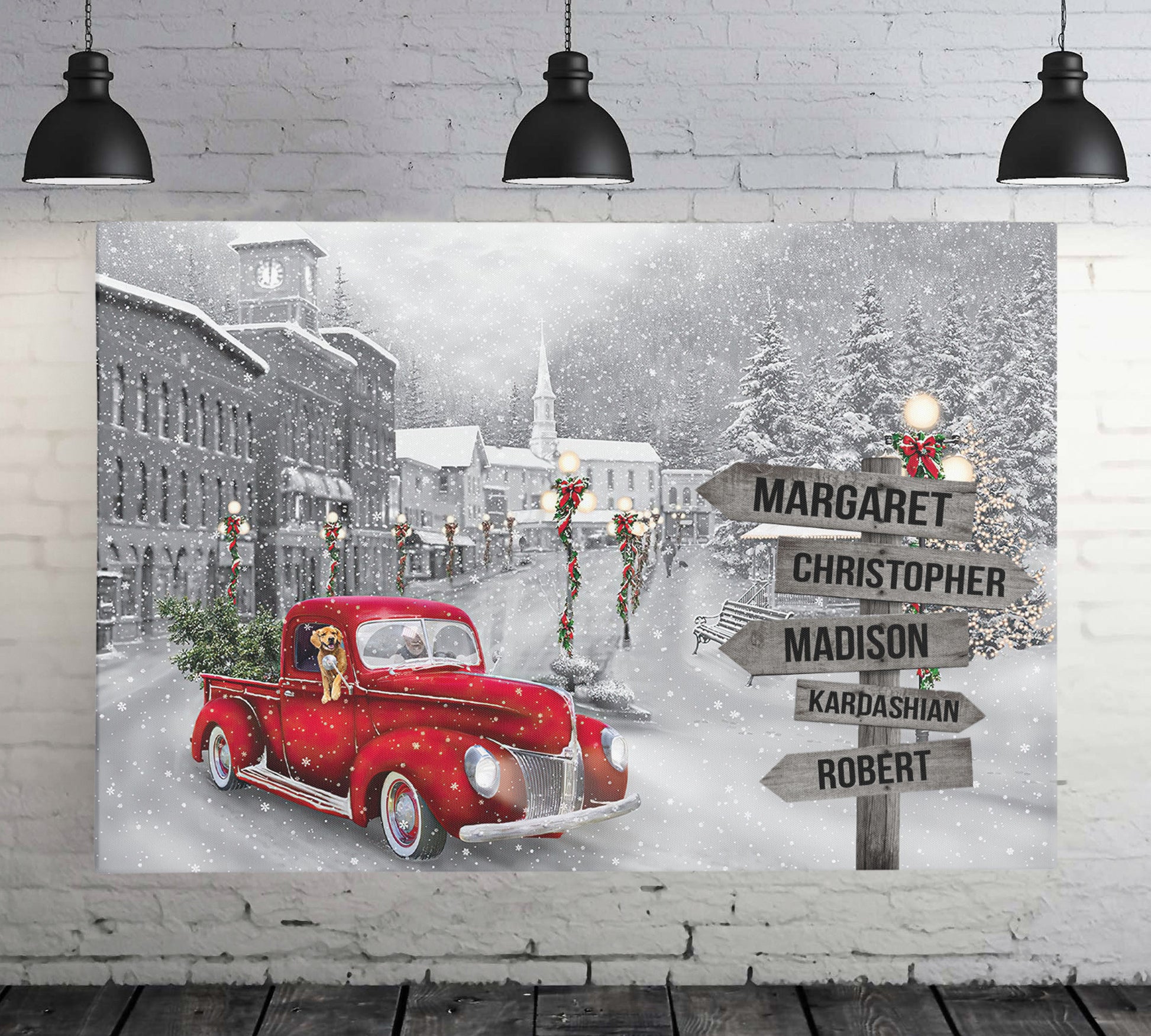 Personalized Snowy Christmas Wall Art Signpost - Red Car - Touch Of Divine
