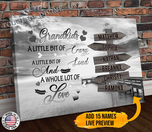 Grandkids 15 Names Boardwalk Canvas Print (Grey) | Personalized Framed Canvas Art - Touch Of Divine