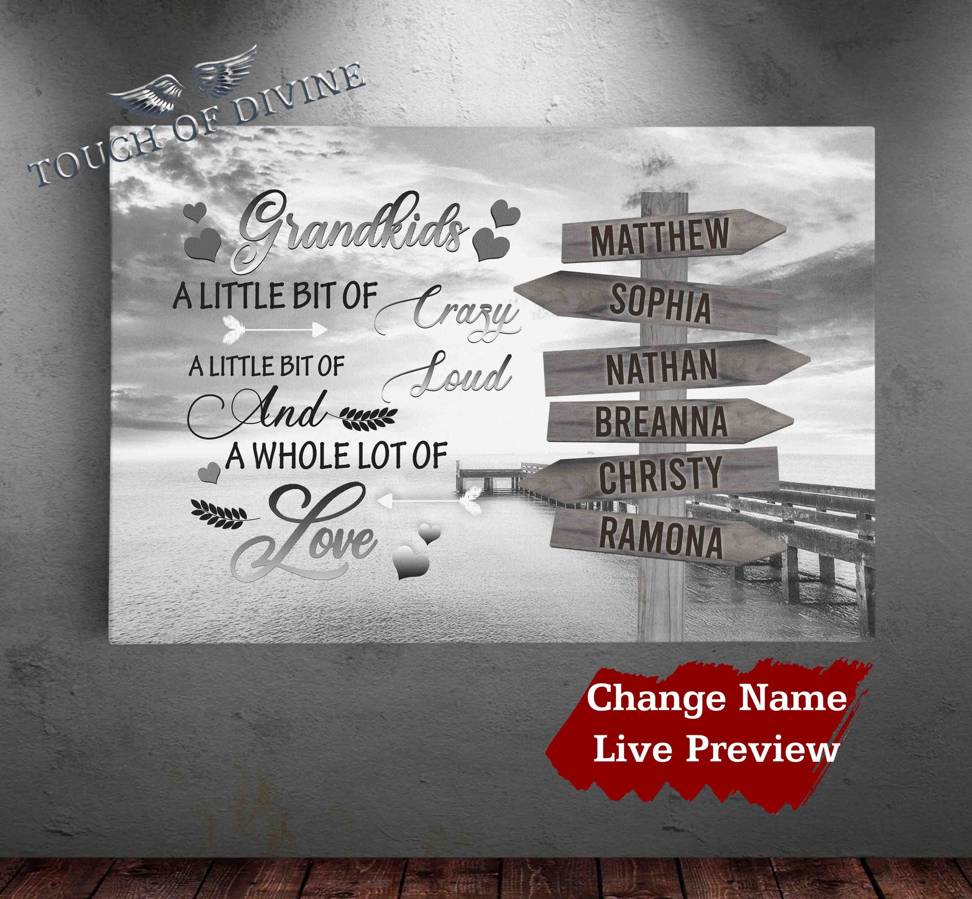 Grandkids 15 Names Boardwalk Canvas Print (Grey) | Personalized Framed Canvas Art - Touch Of Divine