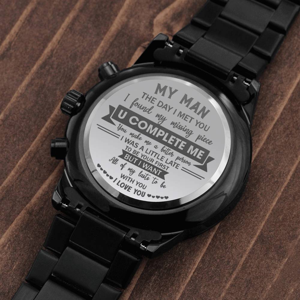 U Complete Me - Engraved Design Black Chronograph Watch - Touch Of Divine