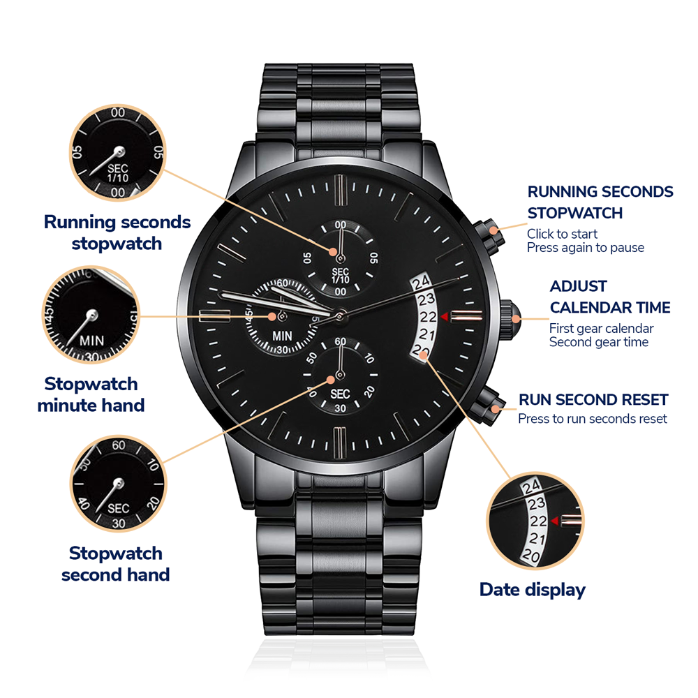 Beautiful Chapters - Engraved Design Black Chronograph Watch - Touch Of Divine
