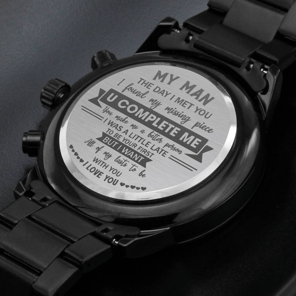 U Complete Me - Engraved Design Black Chronograph Watch - Touch Of Divine