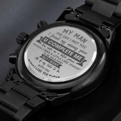 U Complete Me - Engraved Design Black Chronograph Watch - Touch Of Divine